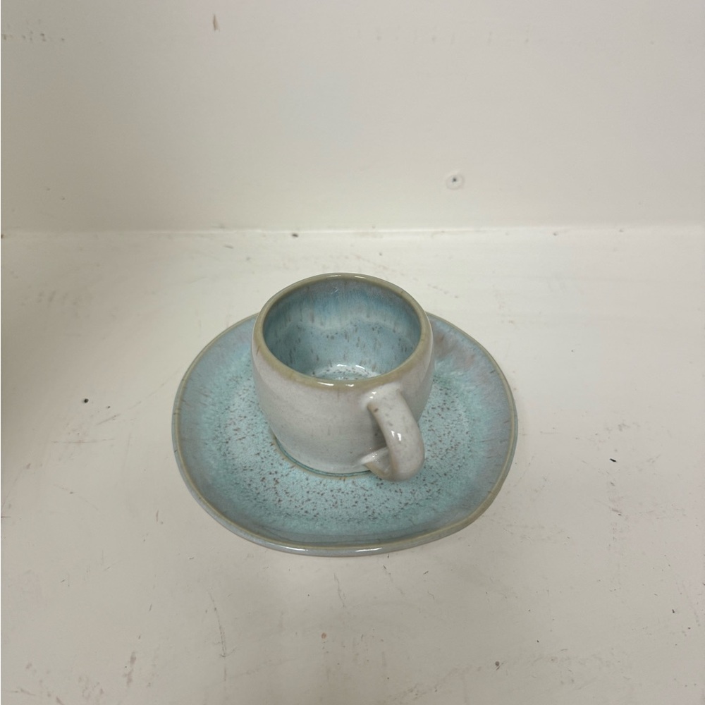 Casafina Espresso Cup Saucer Set Aqua Blue Speckled Stoneware Made in Portugal